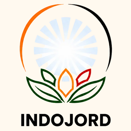 Logo of INDOJORD with a circular design featuring leaves and a sun on a white background.